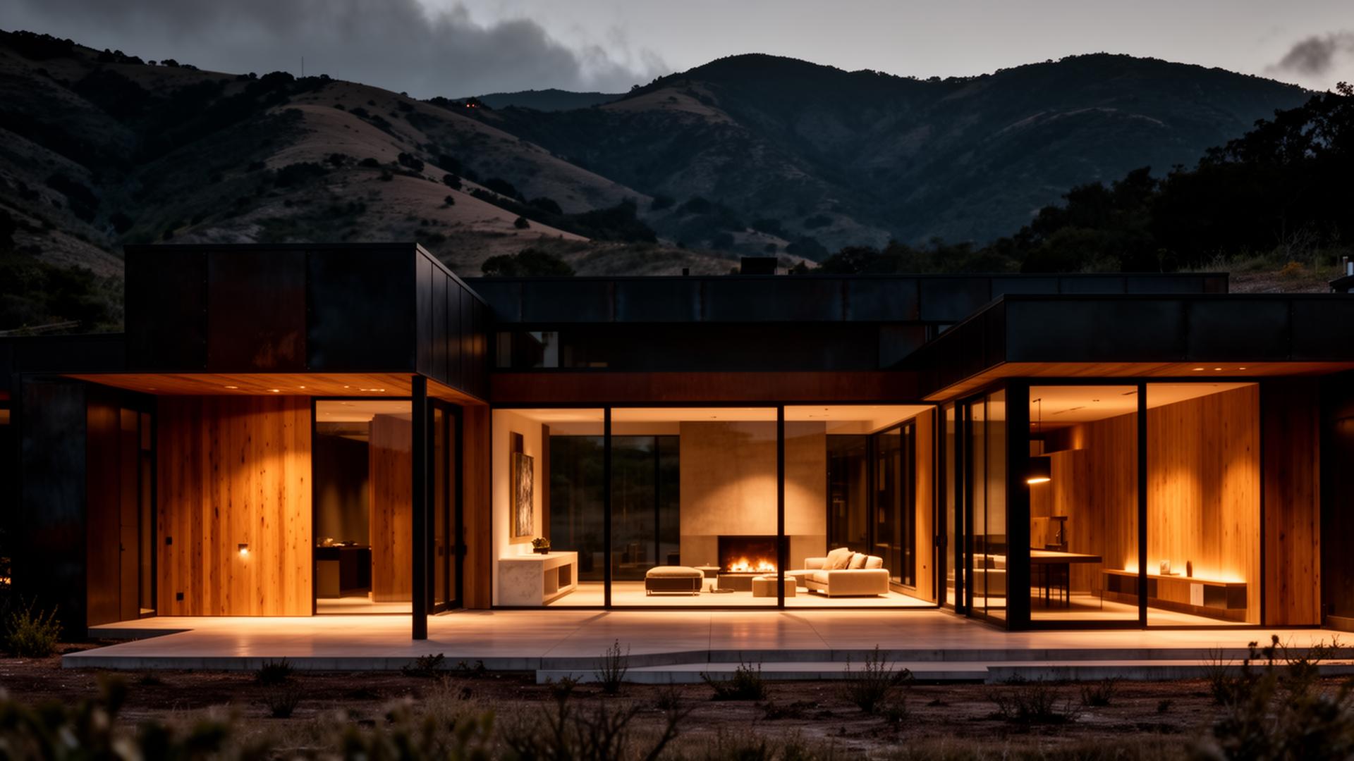 Modern luxury custom home at dusk in Northern California